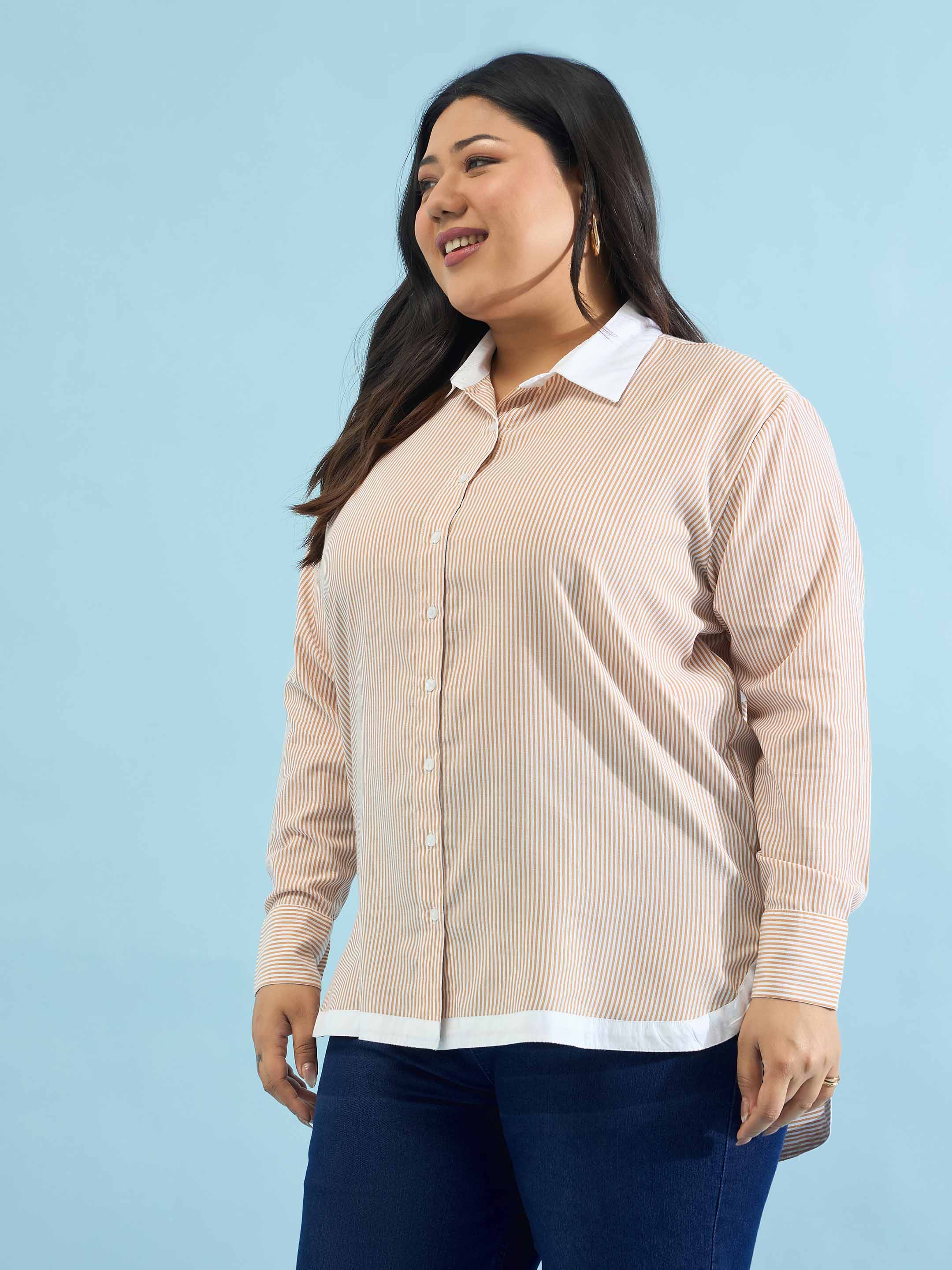 Women Beige Stripes Back Design Hi-Low Shirt