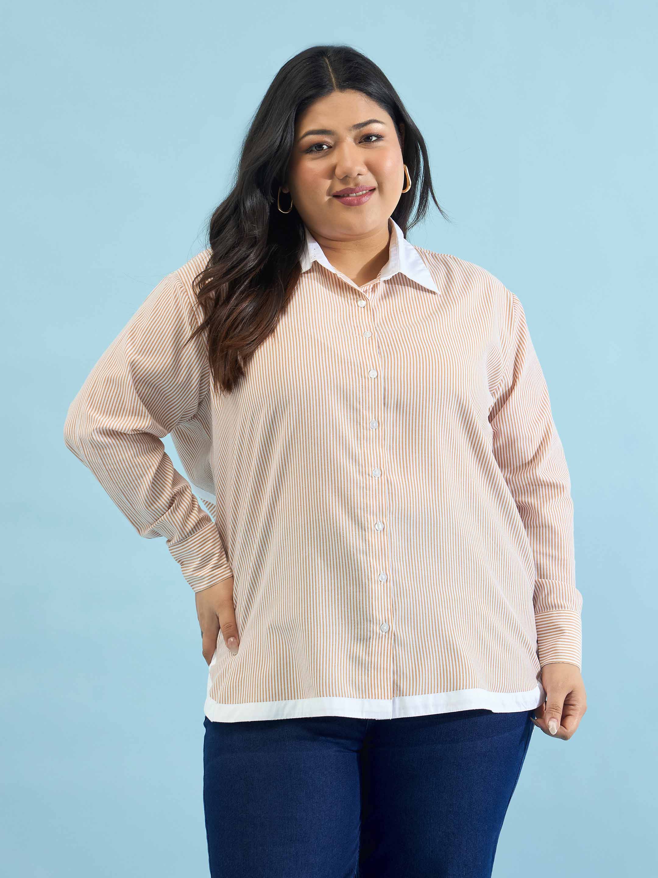 Women Beige Stripes Back Design Hi-Low Shirt