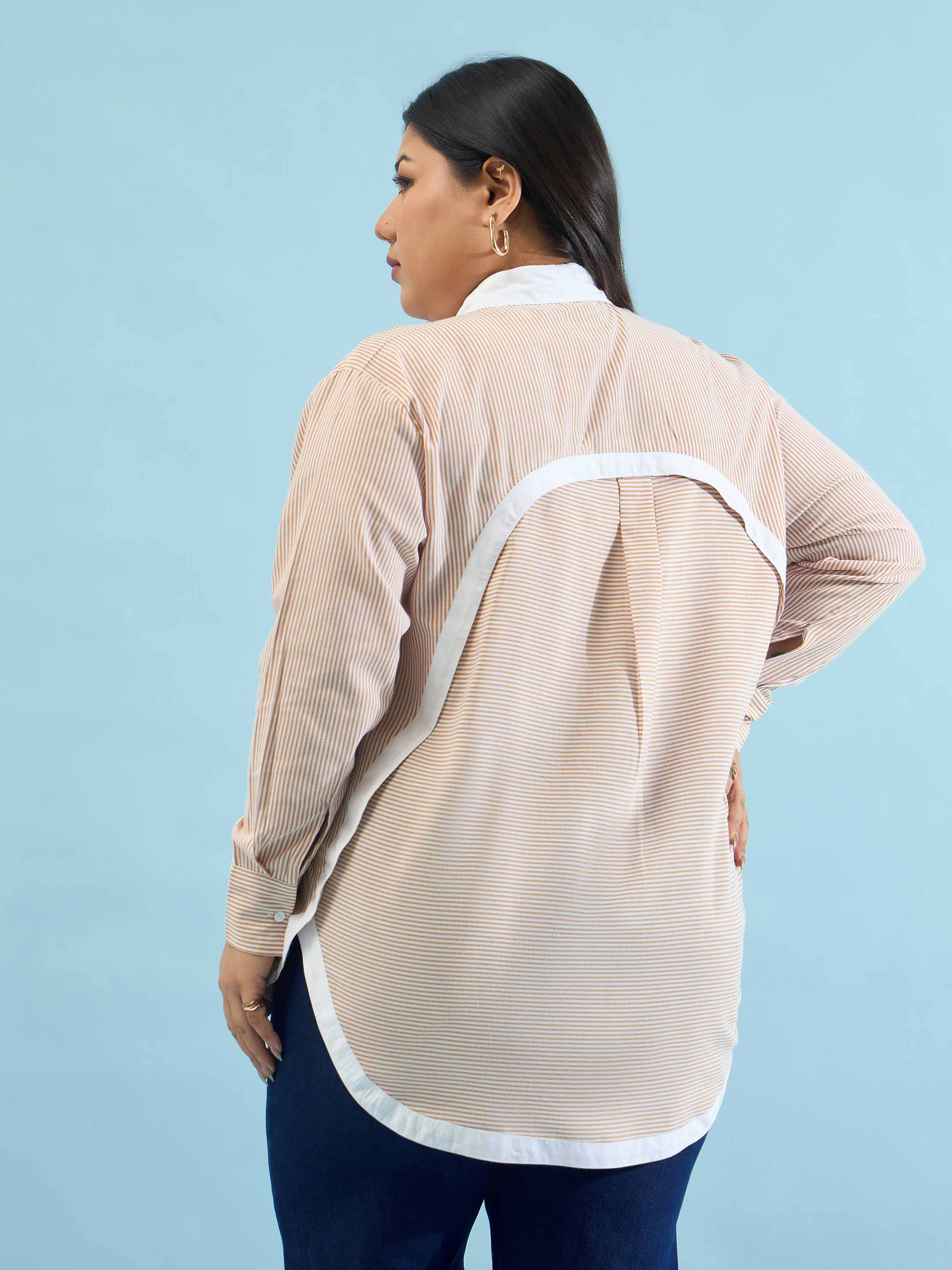 Women Beige Stripes Back Design Hi-Low Shirt