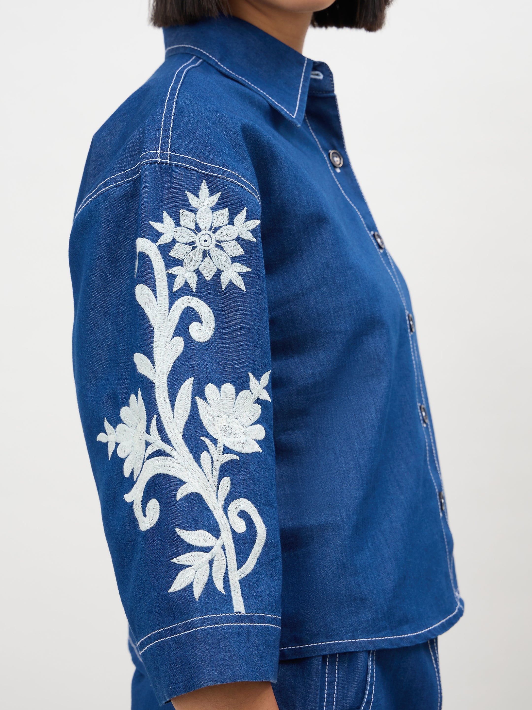 Women Navy Embroidered Tencel Crop Shirt
