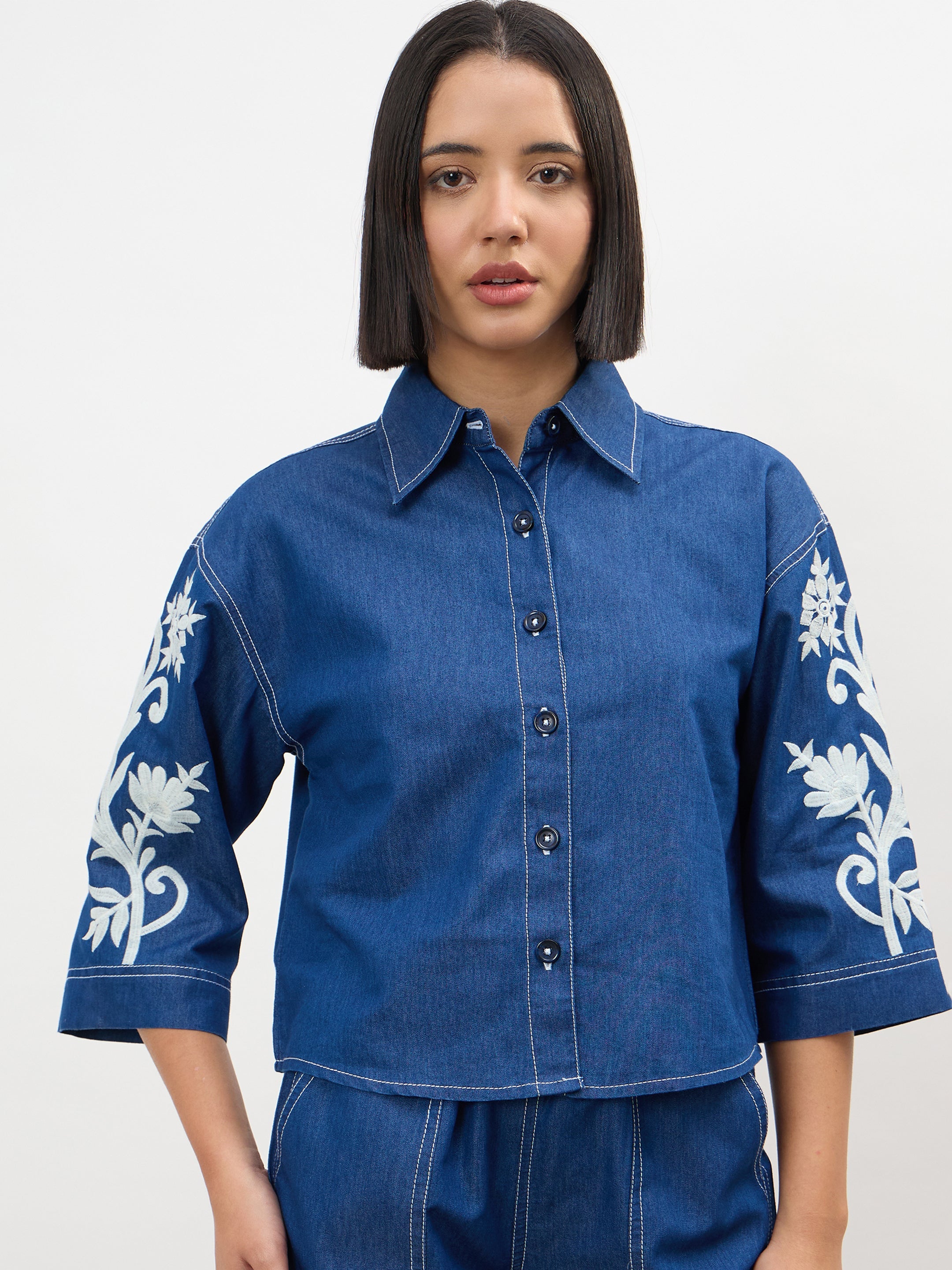 Women Navy Embroidered Tencel Crop Shirt