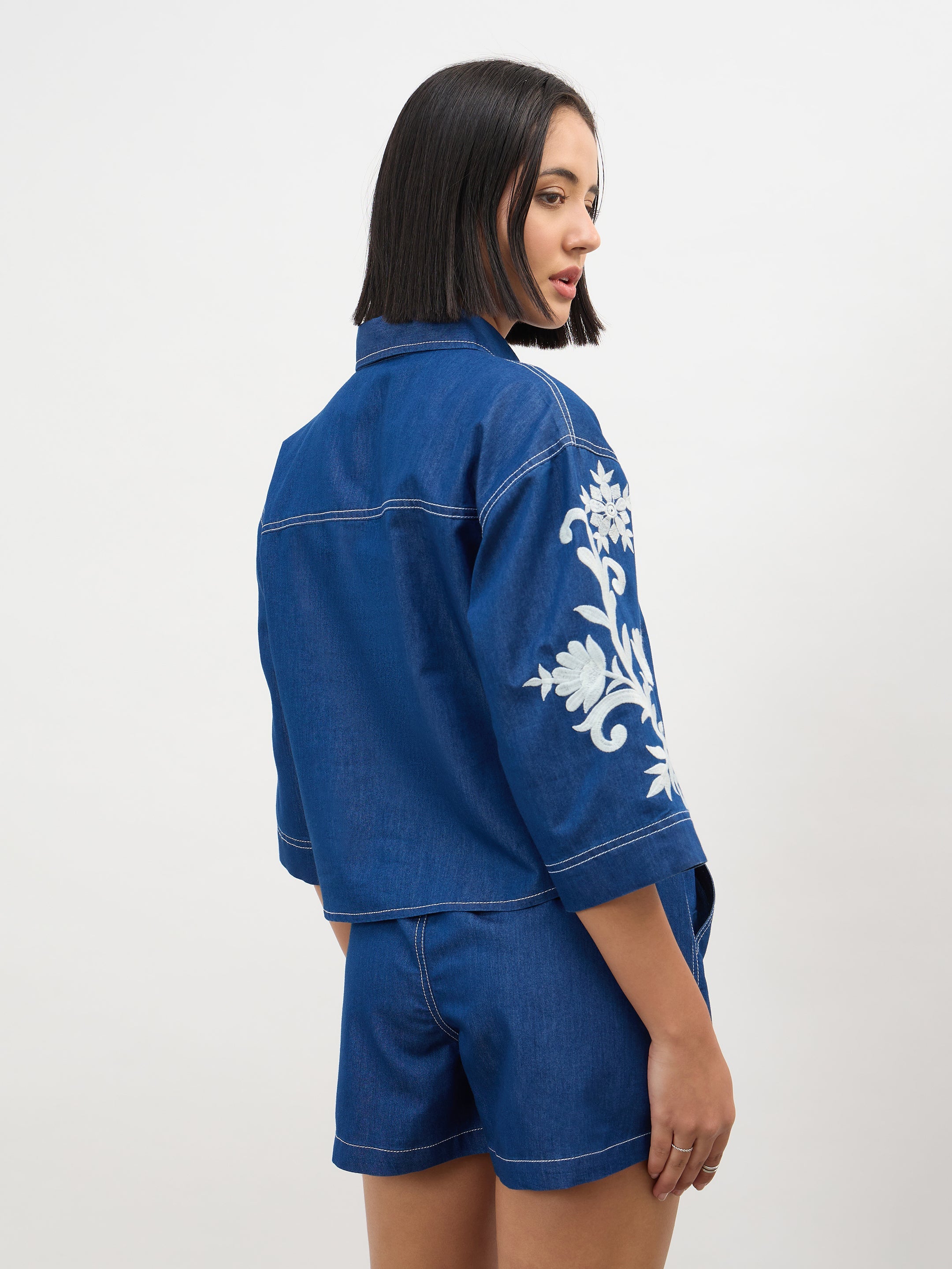 Women Navy Embroidered Tencel Crop Shirt