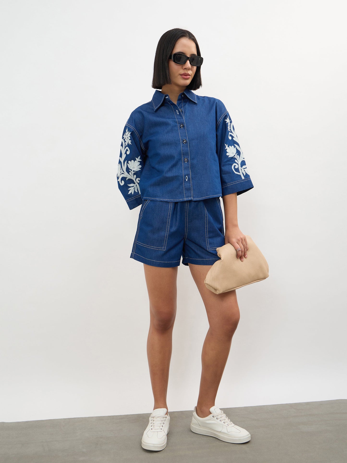 Women Navy Embroidered Tencel Crop Shirt