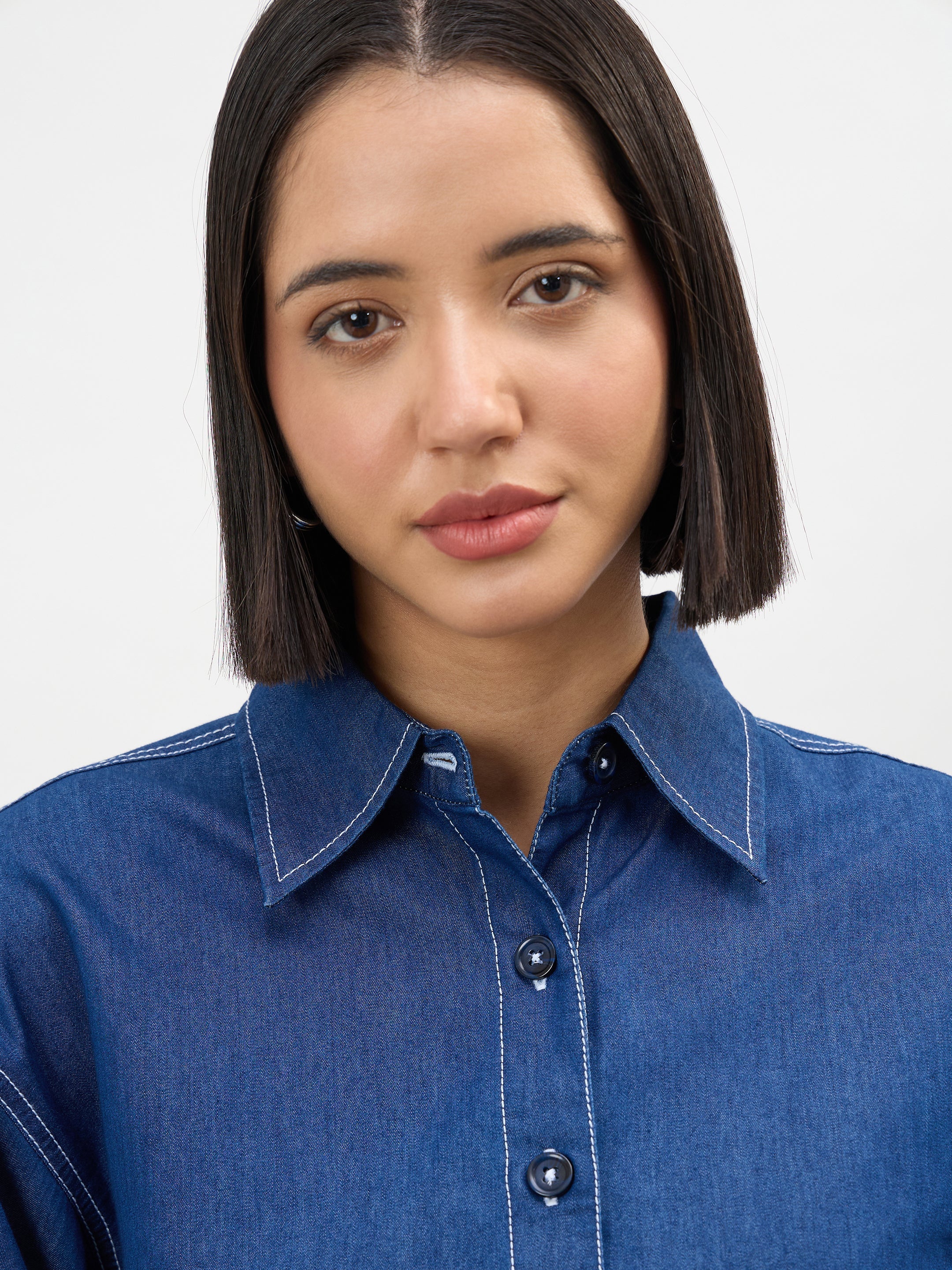 Women Navy Embroidered Tencel Crop Shirt
