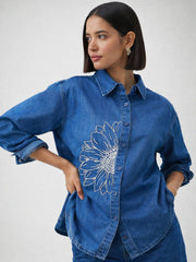Women Navy Embroidered Oversize Shirt