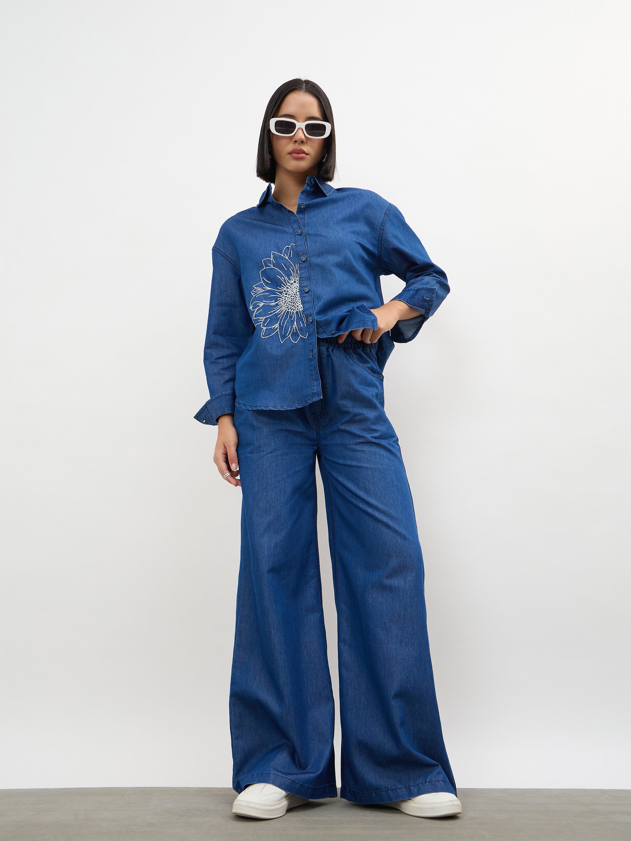 Women Navy Embroidered Oversize Shirt