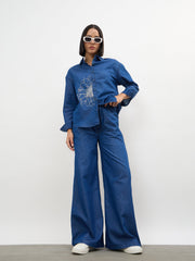 Women Navy Embroidered Oversize Shirt