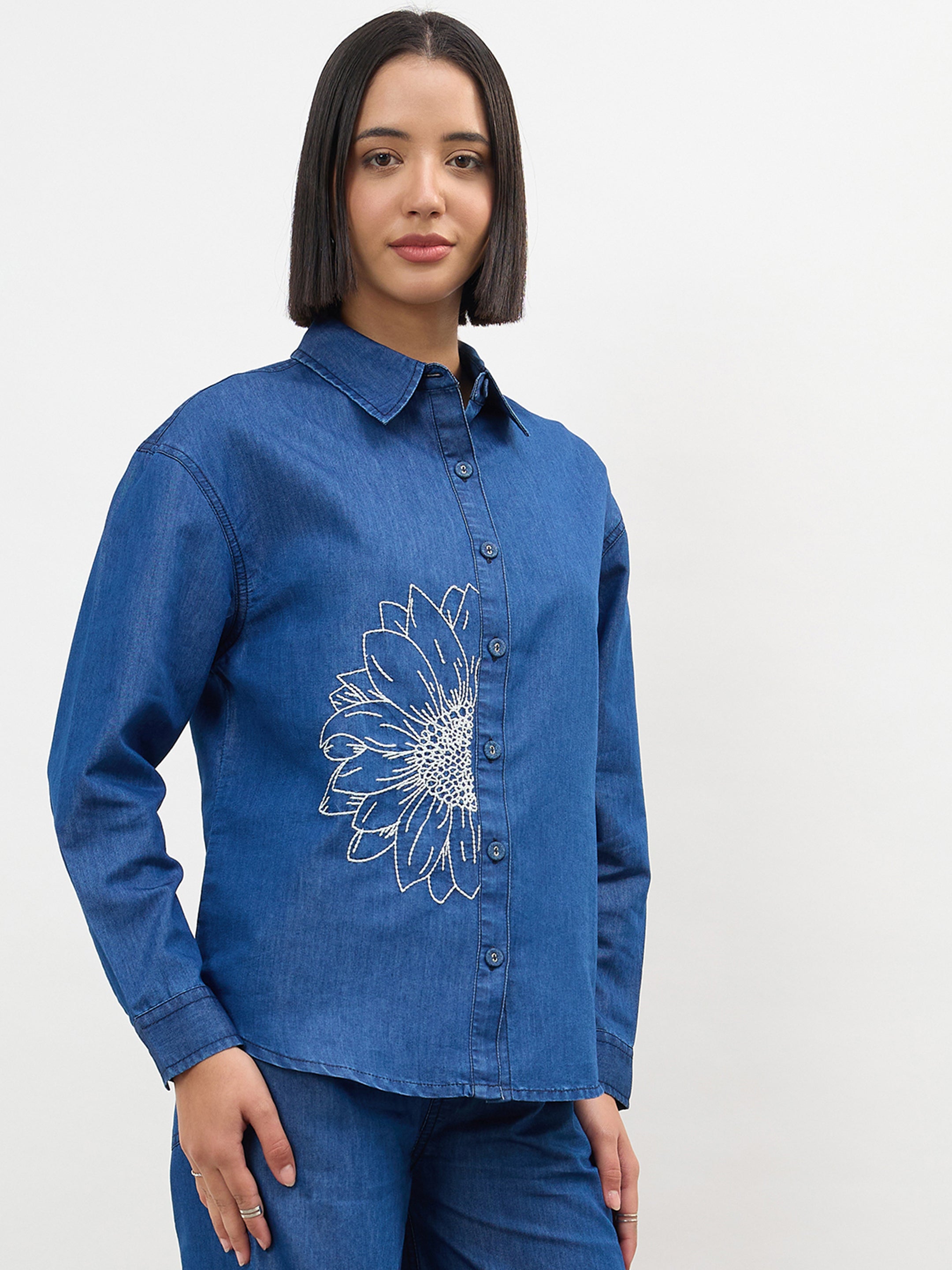 Women Navy Embroidered Oversize Shirt