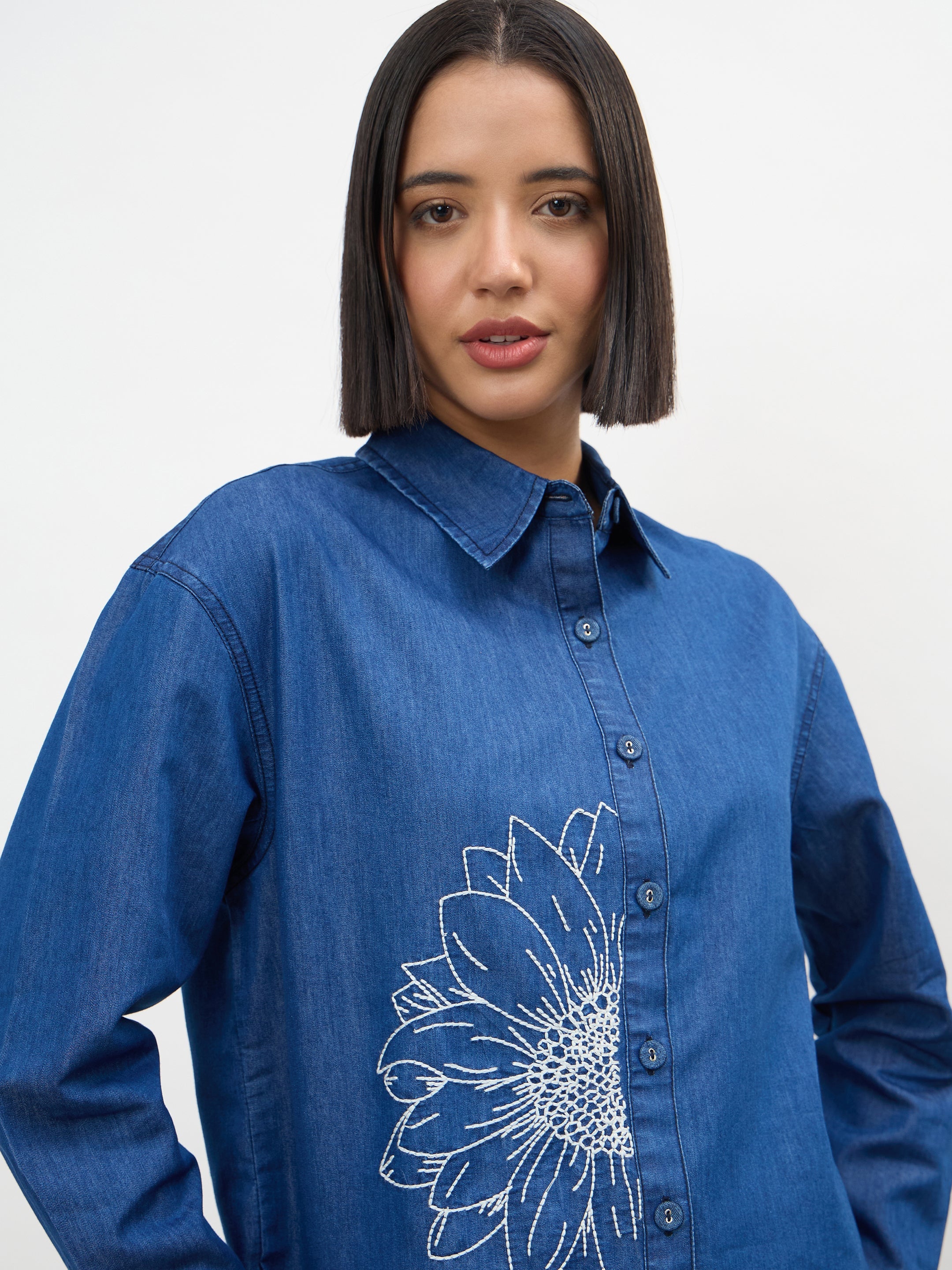 Women Navy Embroidered Oversize Shirt