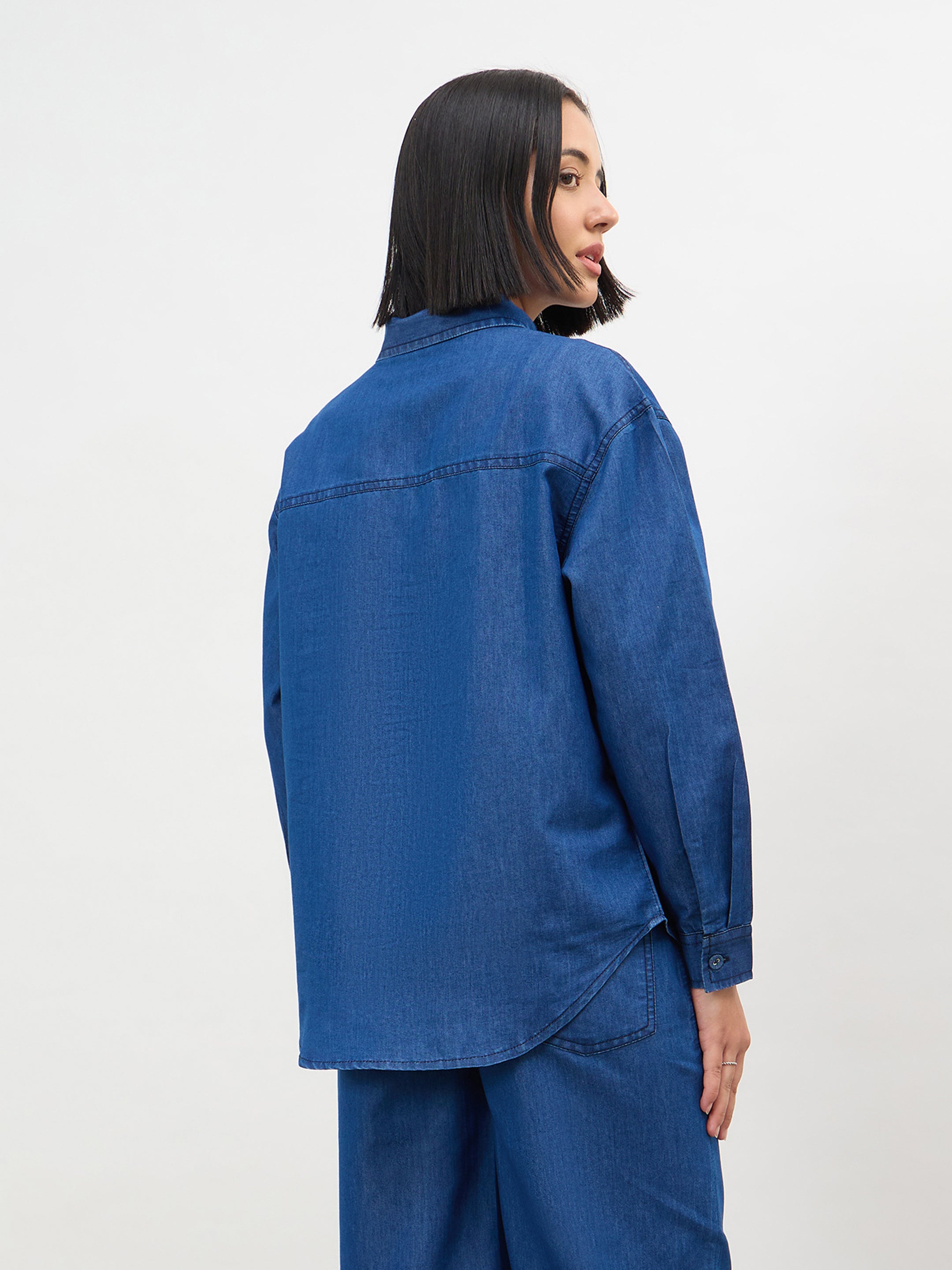 Women Navy Embroidered Oversize Shirt