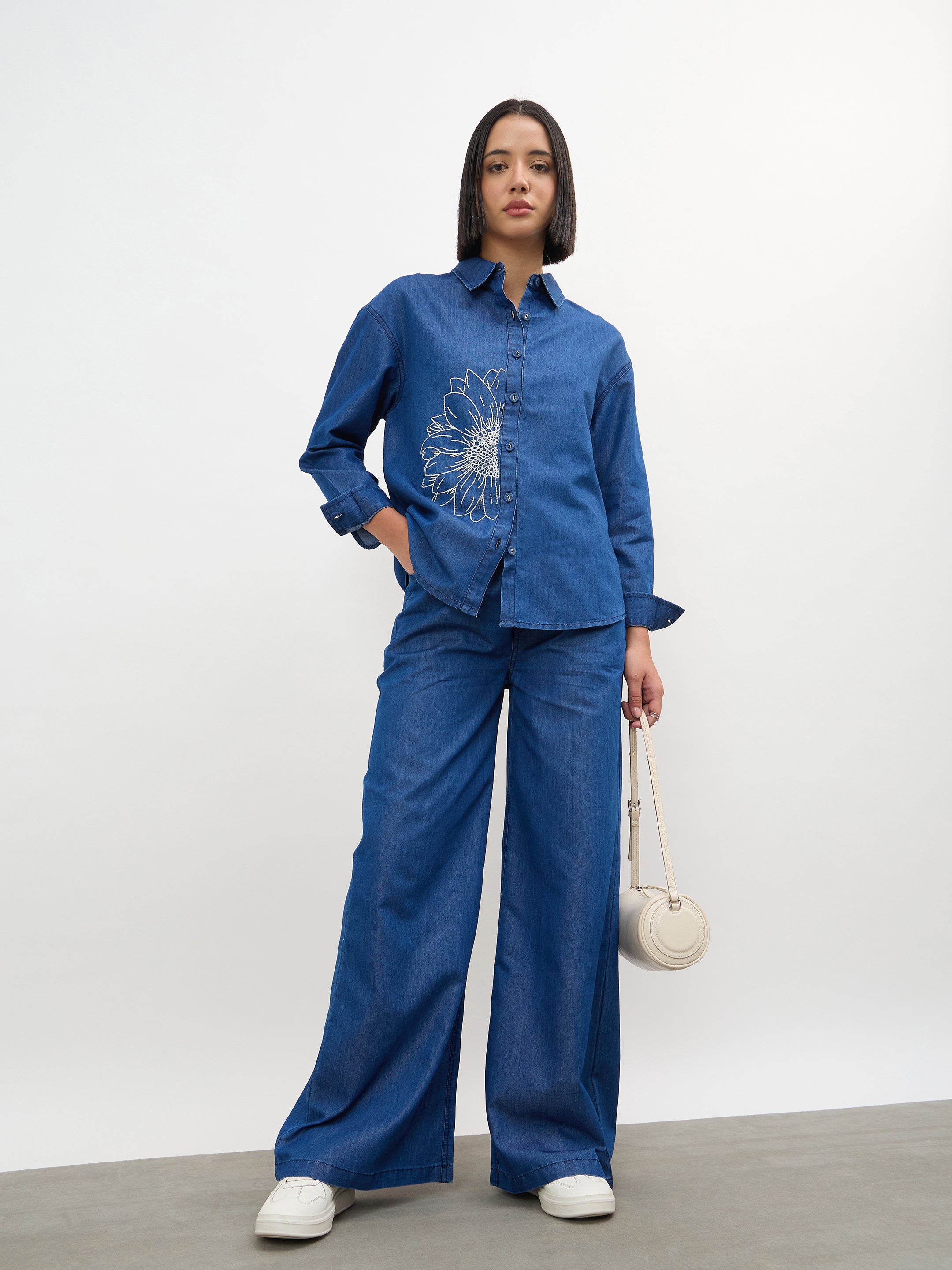 Women Navy Embroidered Oversize Shirt