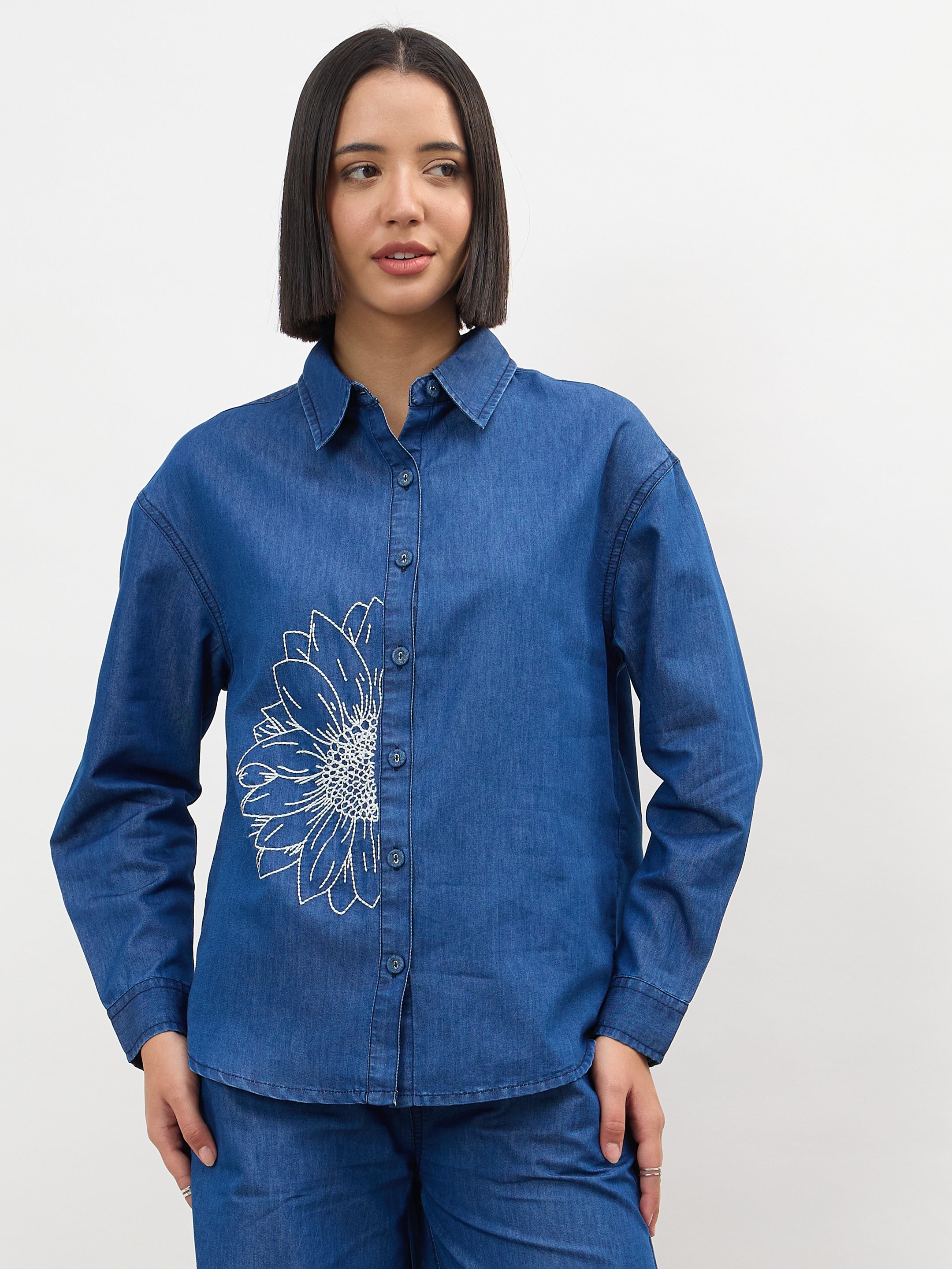 Women Navy Embroidered Oversize Shirt