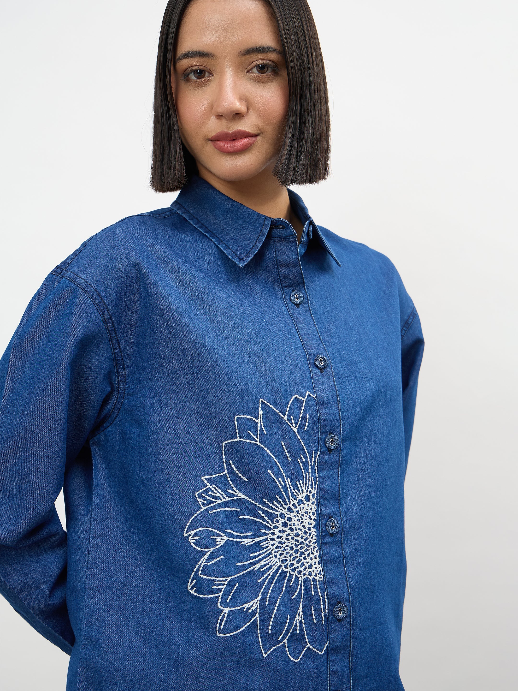 Women Navy Embroidered Oversize Shirt