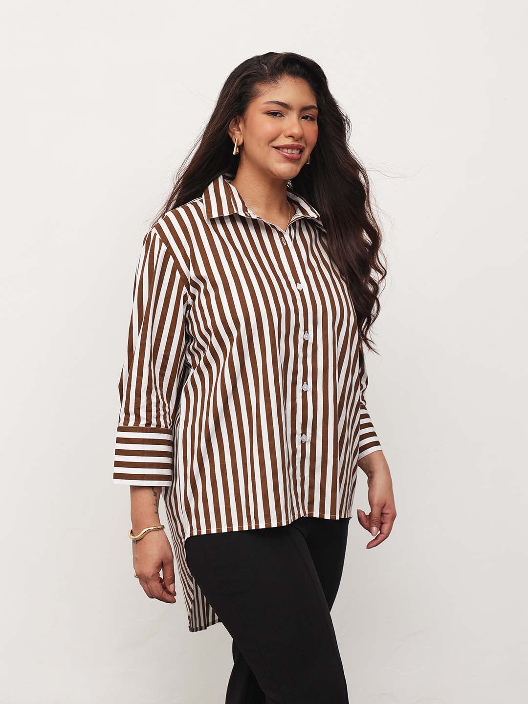 Women Brown Stripe High-Low Regular Shirt