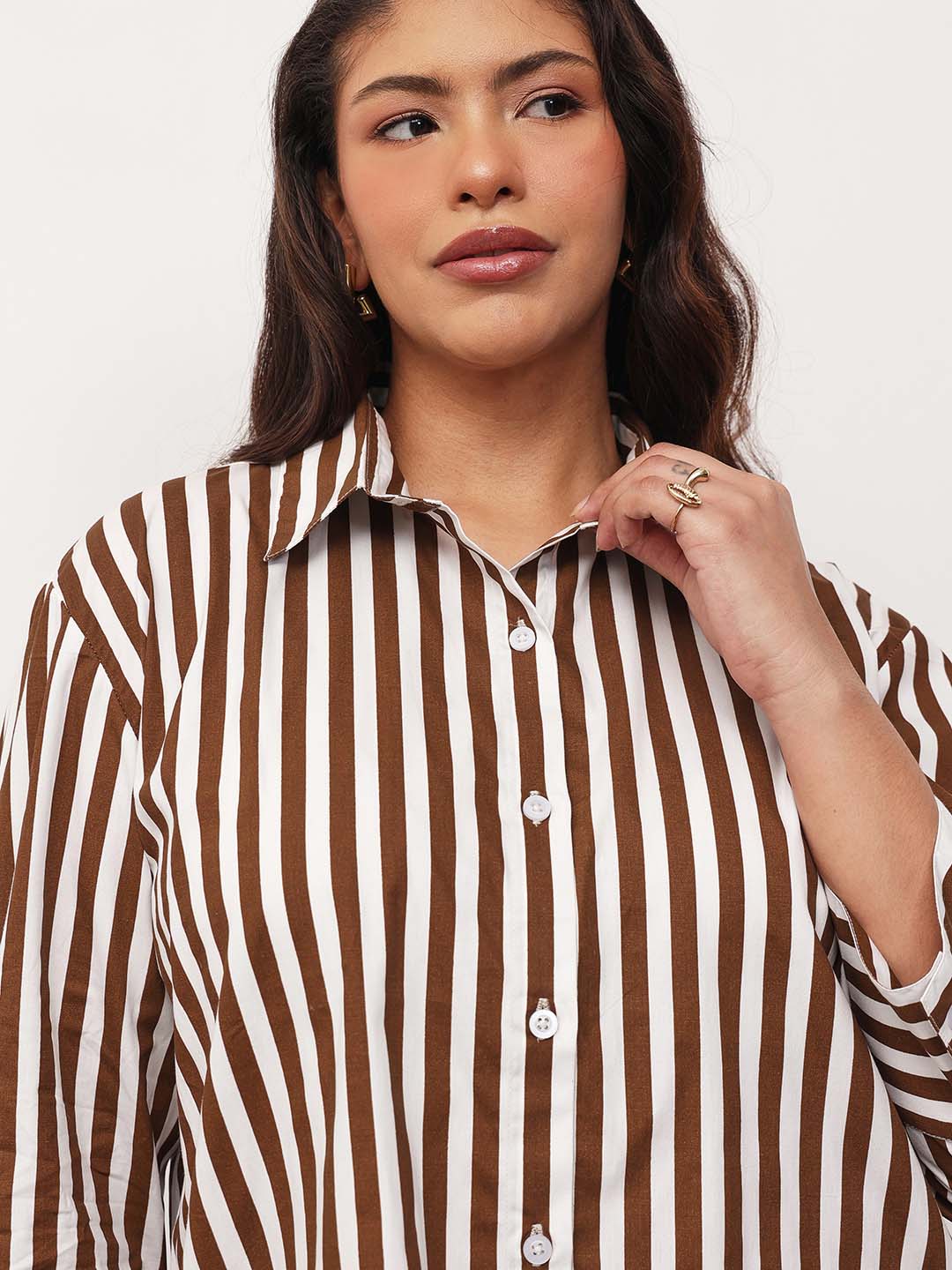 Women Brown Stripe High-Low Regular Shirt
