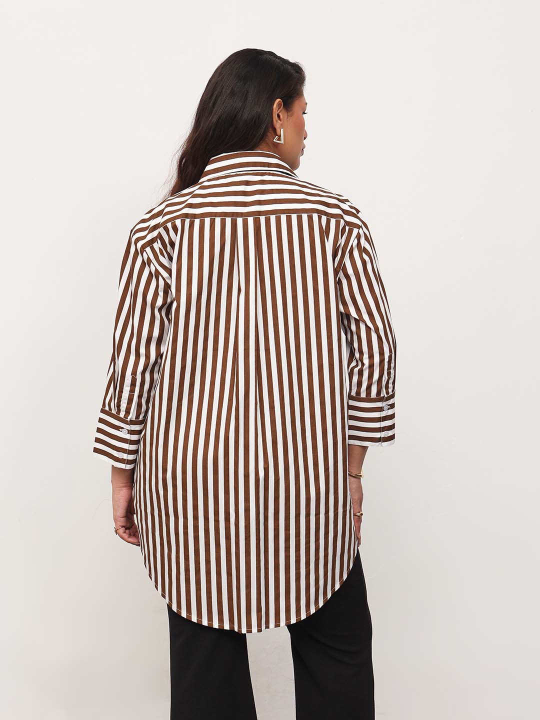 Women Brown Stripe High-Low Regular Shirt