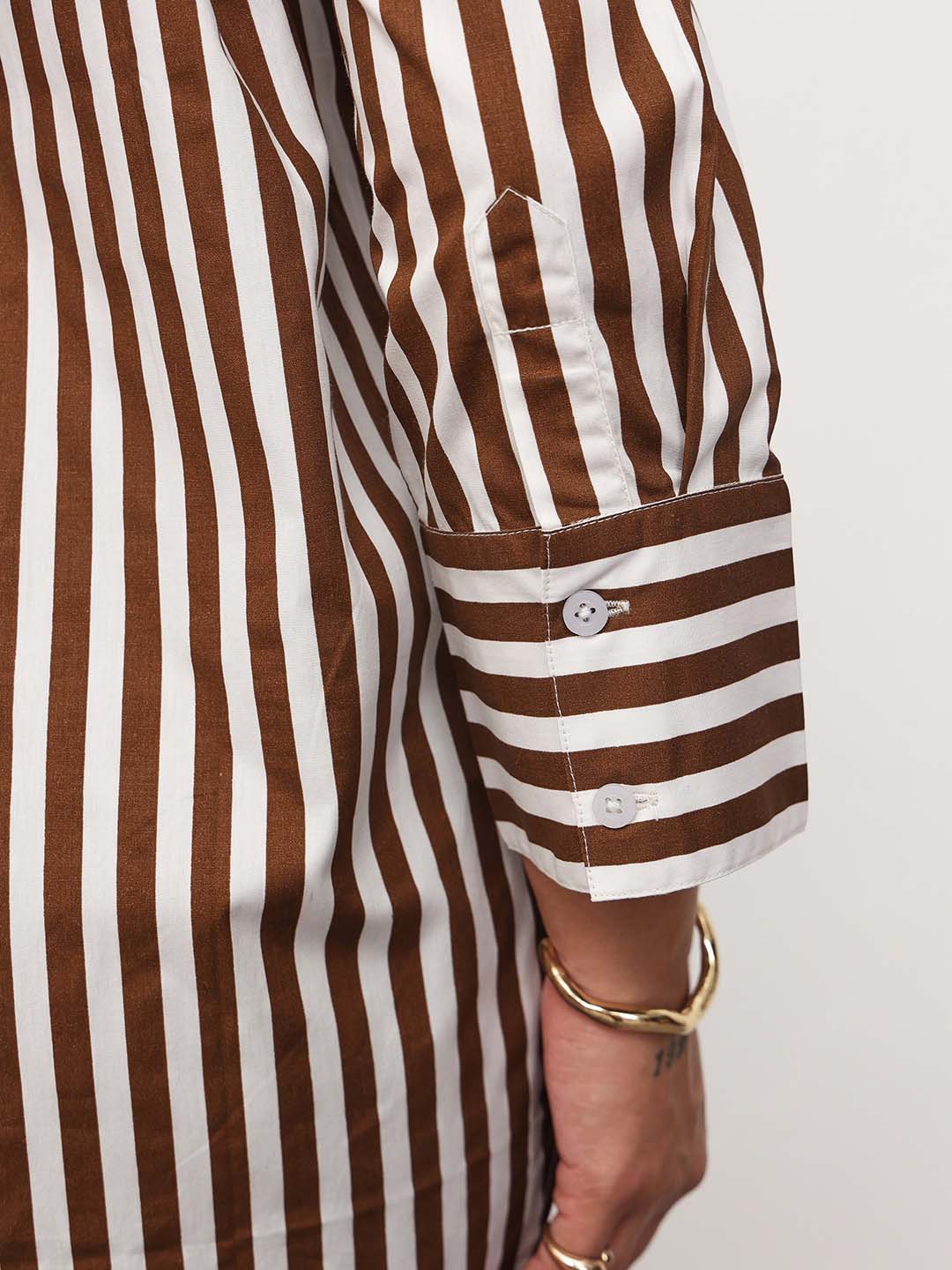 Women Brown Stripe High-Low Regular Shirt