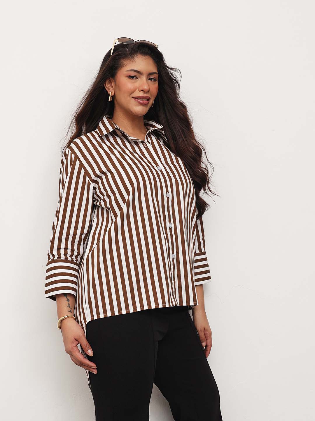 Women Brown Stripe High-Low Regular Shirt