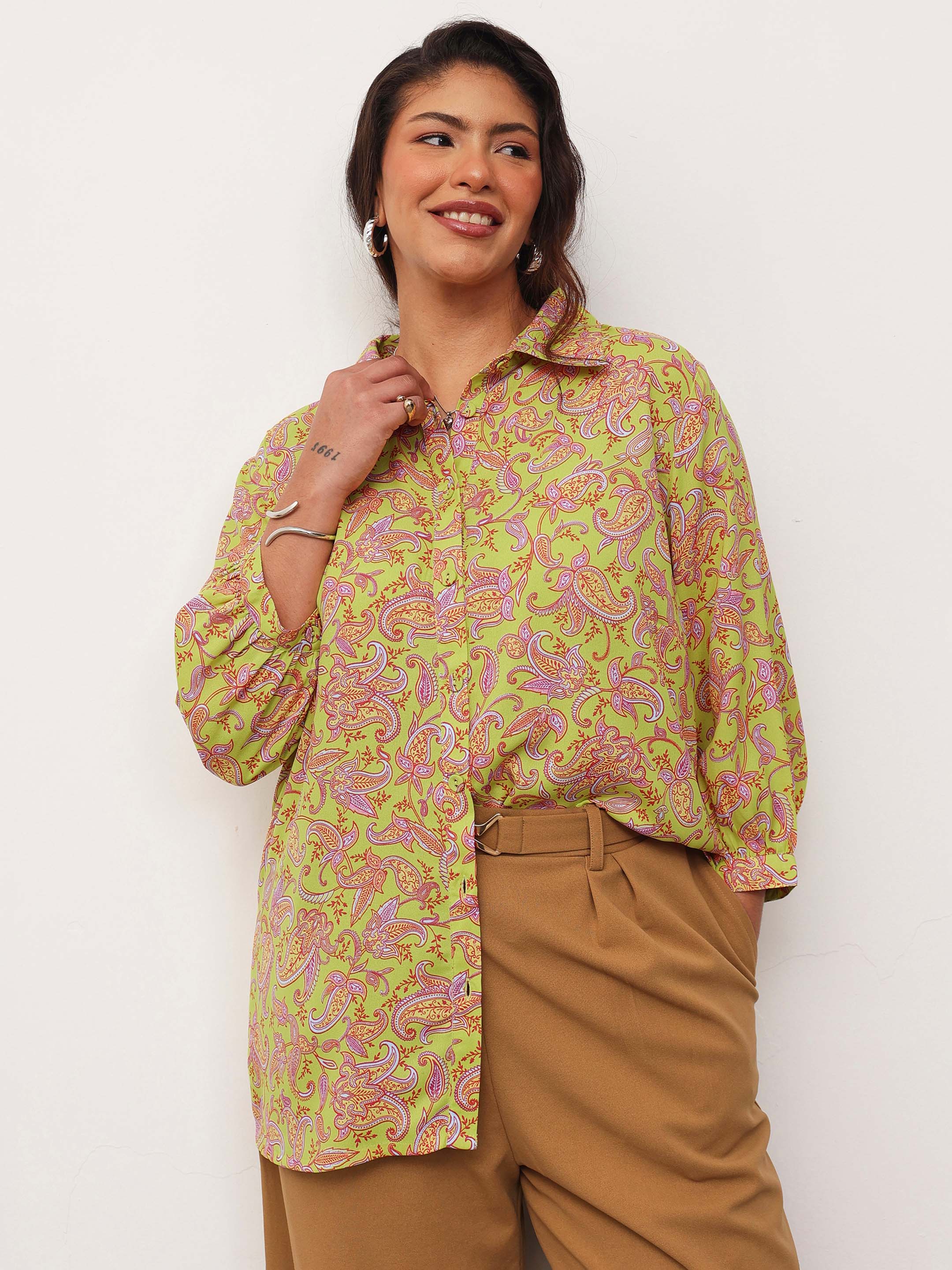 Women Neon Green Paisley Front Button Regular Shirt