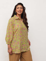 Women Neon Green Paisley Front Button Regular Shirt