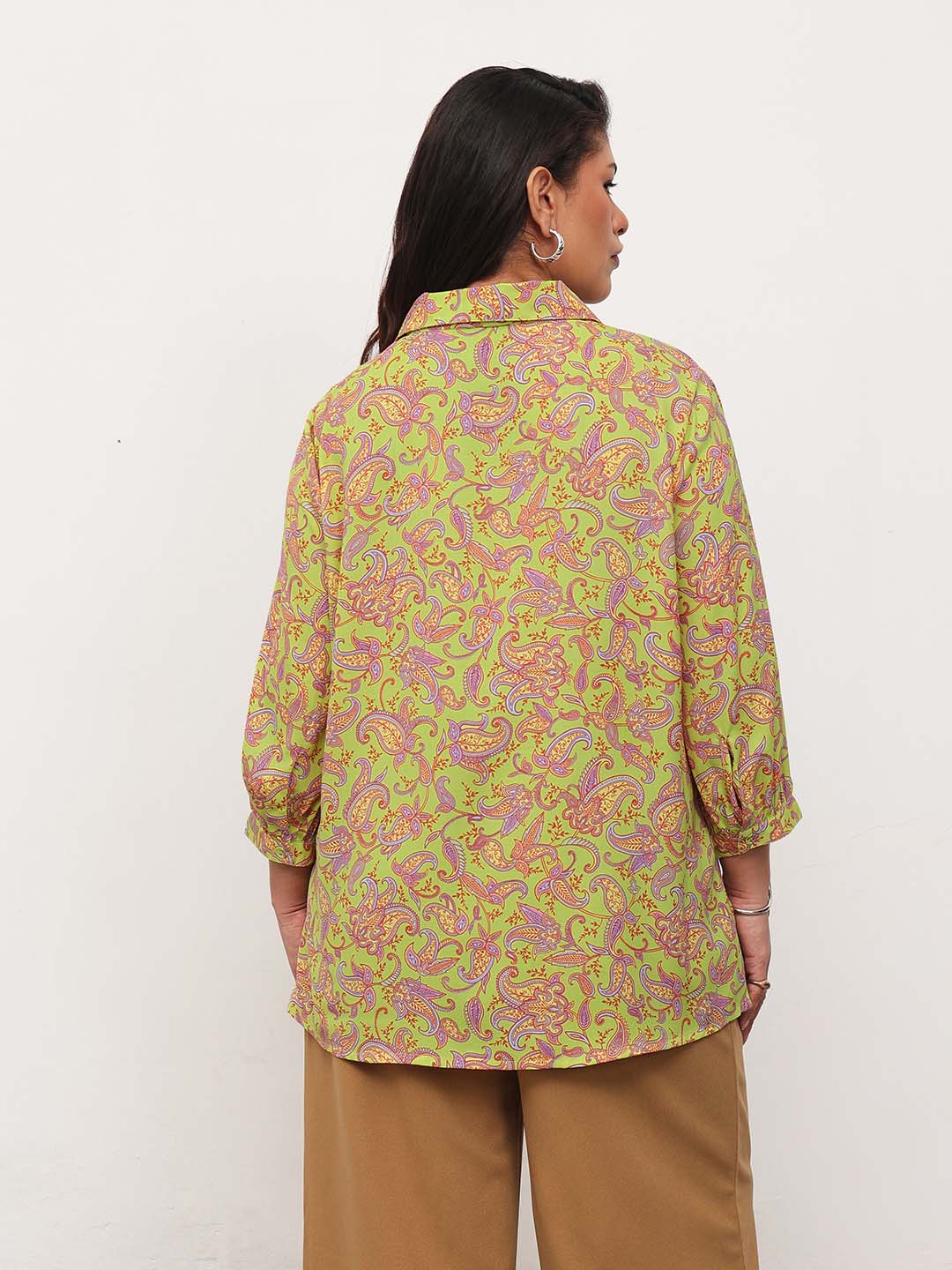 Women Neon Green Paisley Front Button Regular Shirt