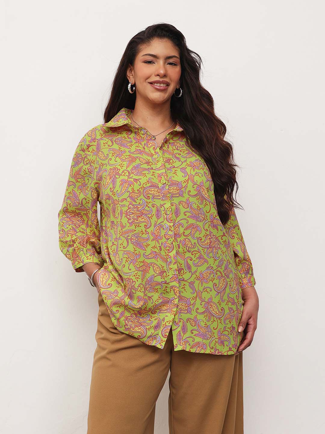 Women Neon Green Paisley Front Button Regular Shirt