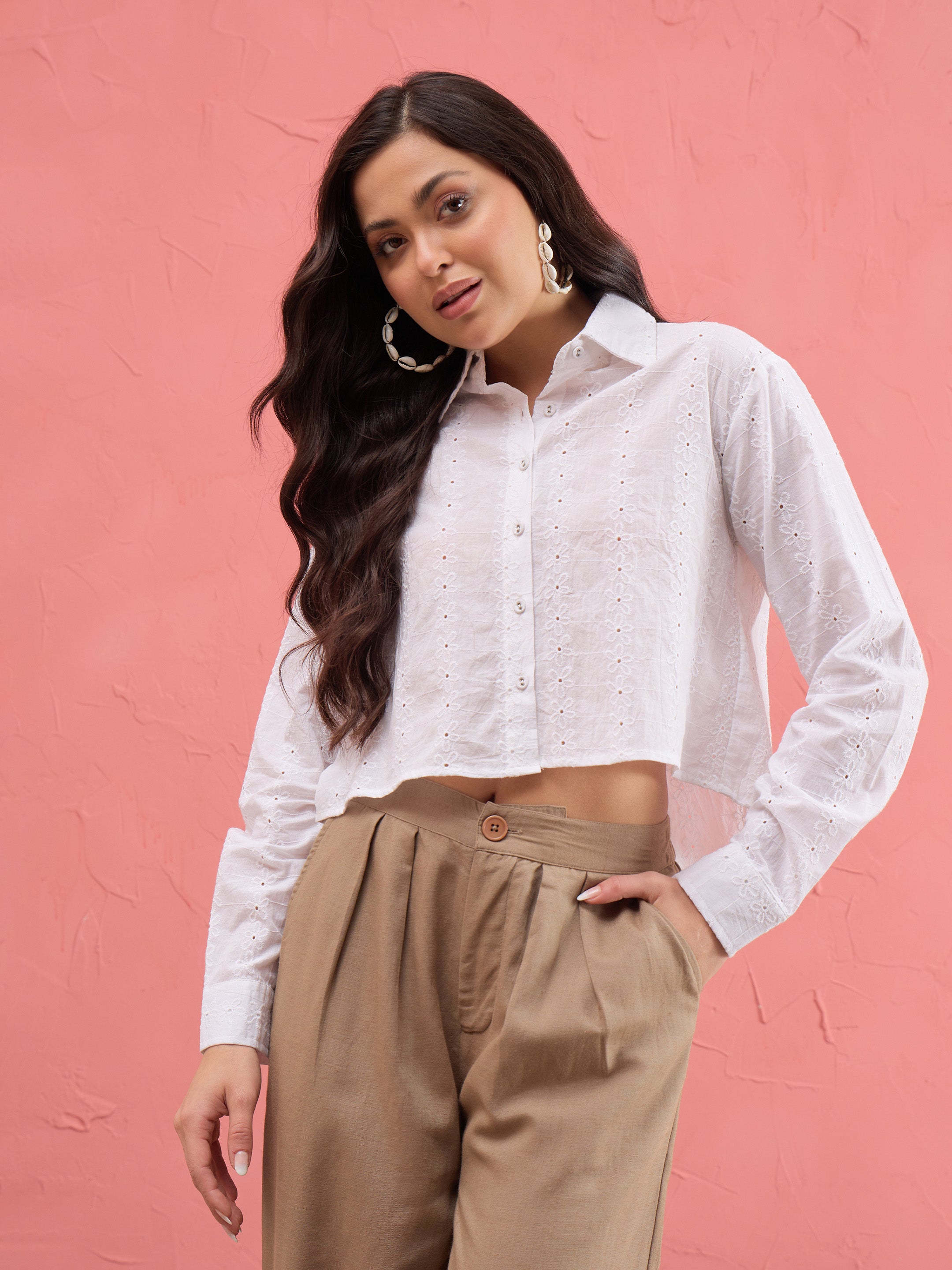 Women White Schiffli Back Tie Crop Shirt