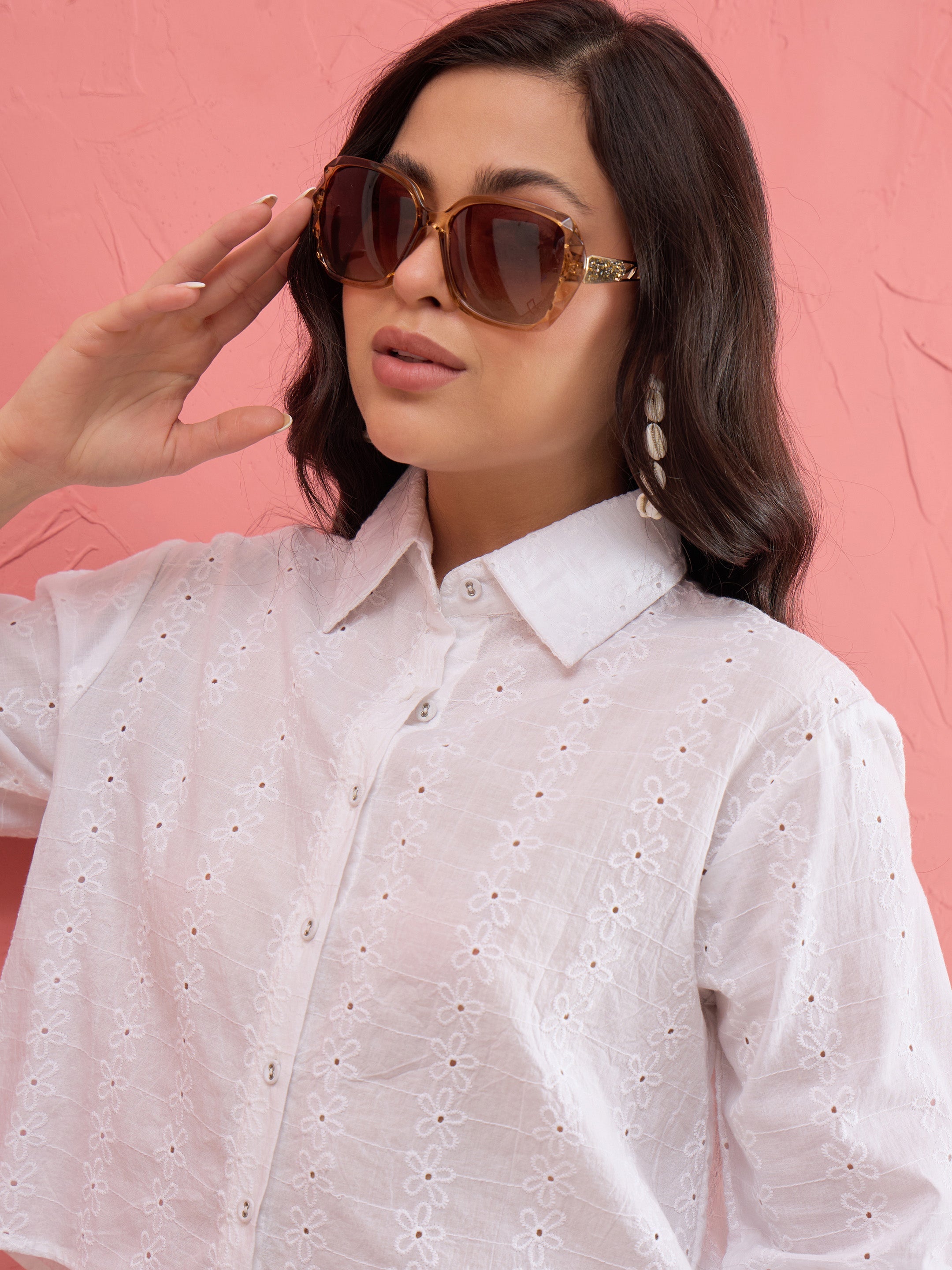 Women White Schiffli Back Tie Crop Shirt