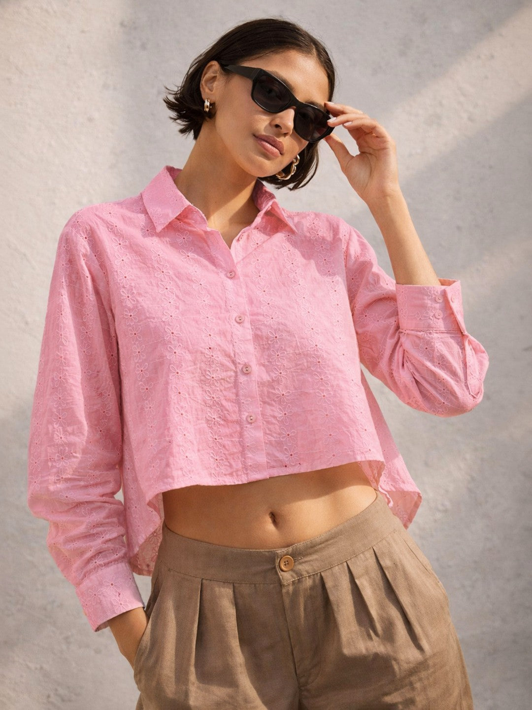 Women Pink Schiffli Back Tie Crop Shirt