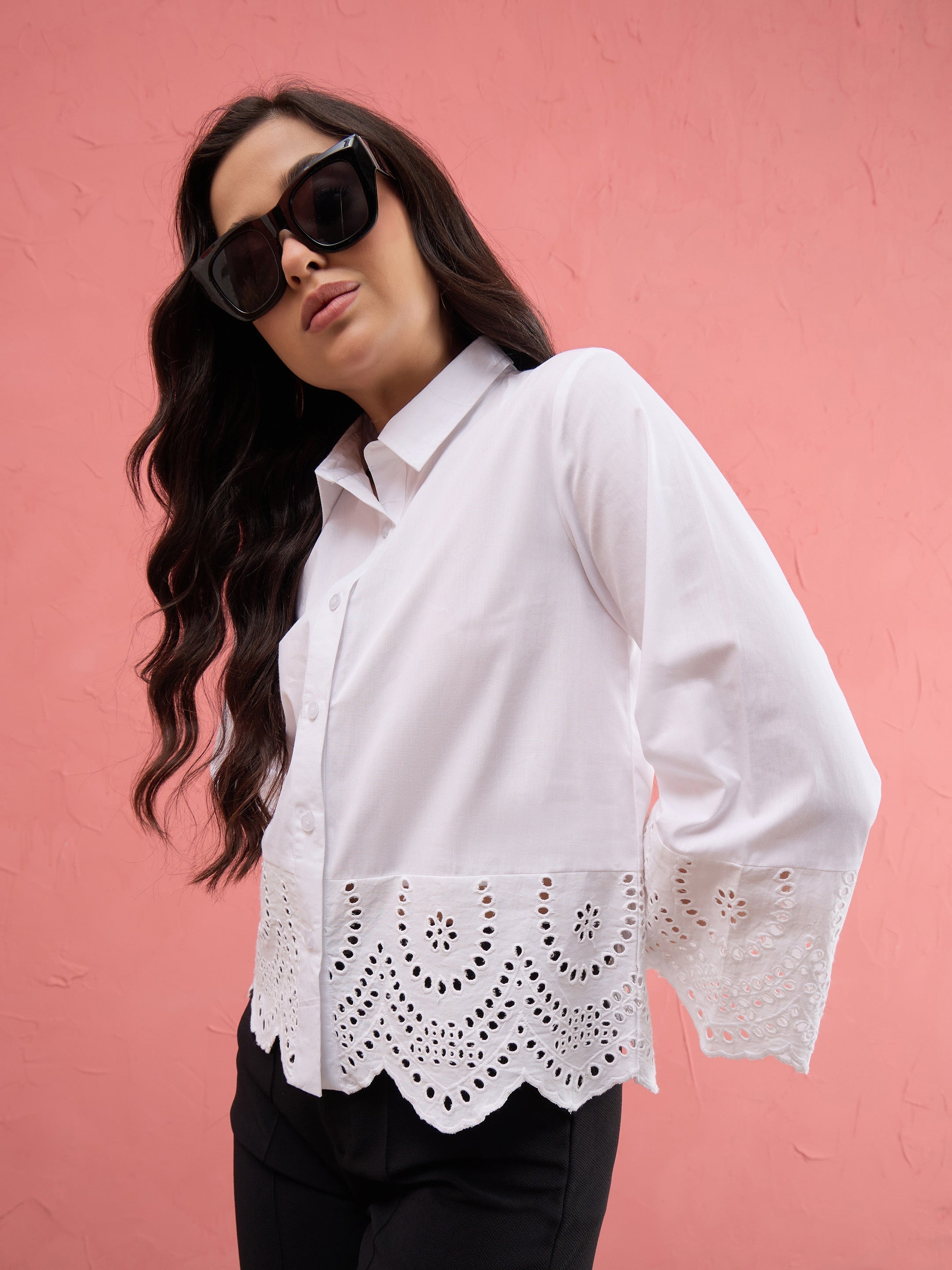 Women White Poplin Scallop Hem Regular Shirt
