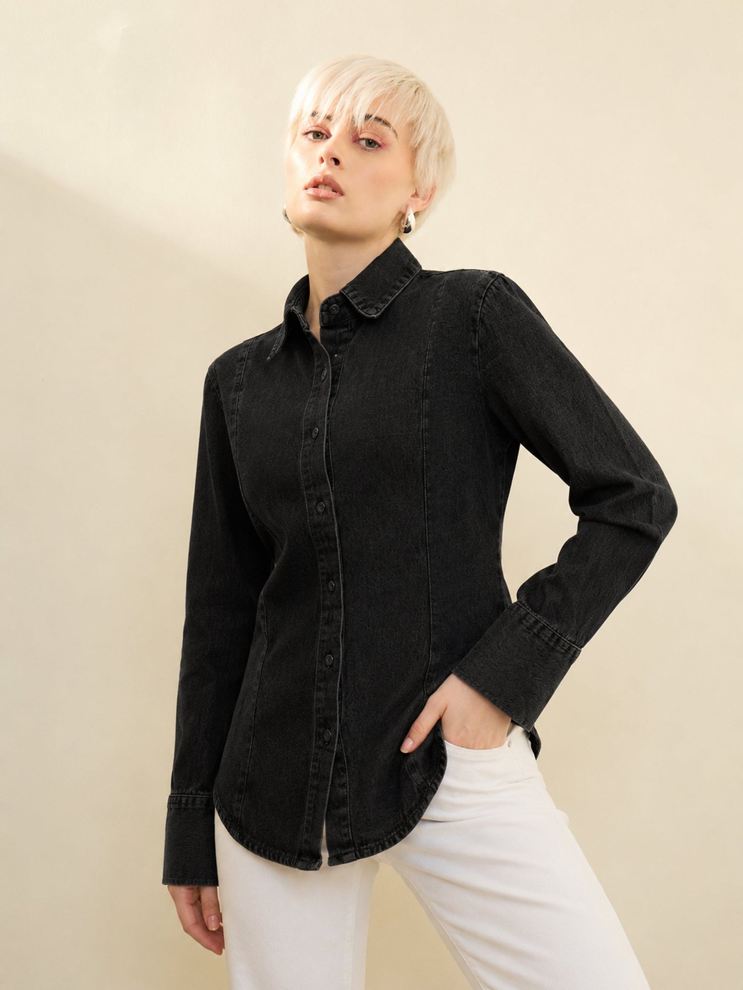 Black Denim Slim Fit Shirt -SASSAFRAS