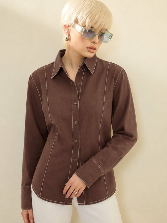 Brown Wash Denim Slim Fit Shirt -SASSAFRAS