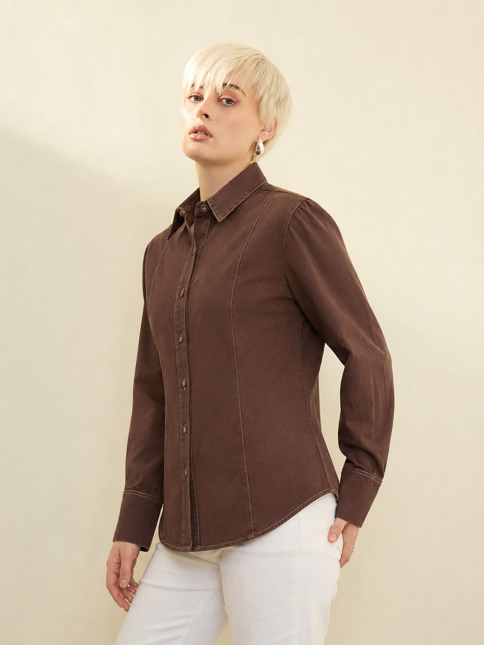 Brown Wash Denim Slim Fit Shirt -SASSAFRAS