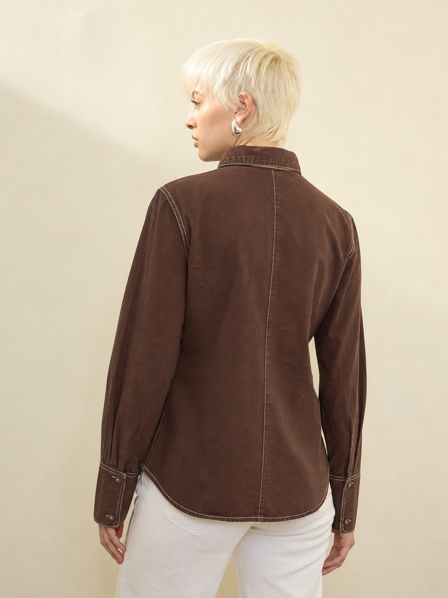 Brown Wash Denim Slim Fit Shirt -SASSAFRAS