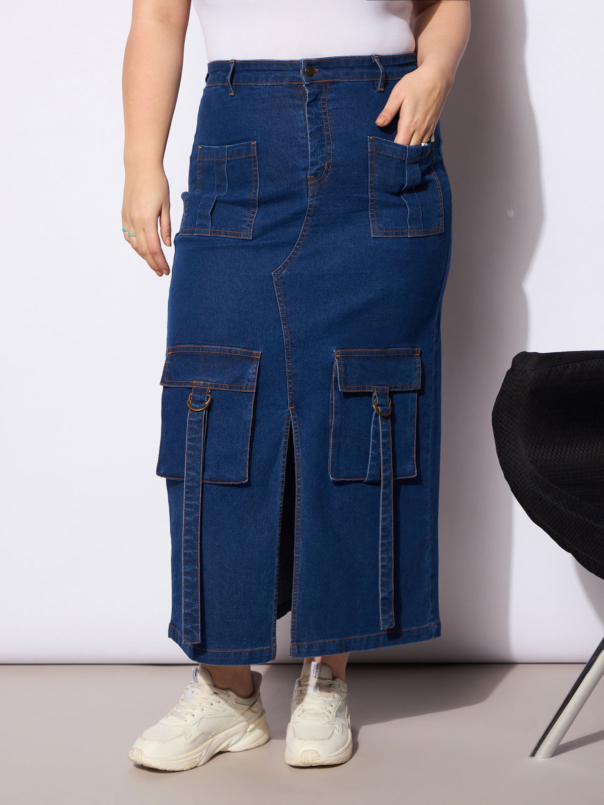 Women Navy Denim Multi Pocket Front Slit Skirt