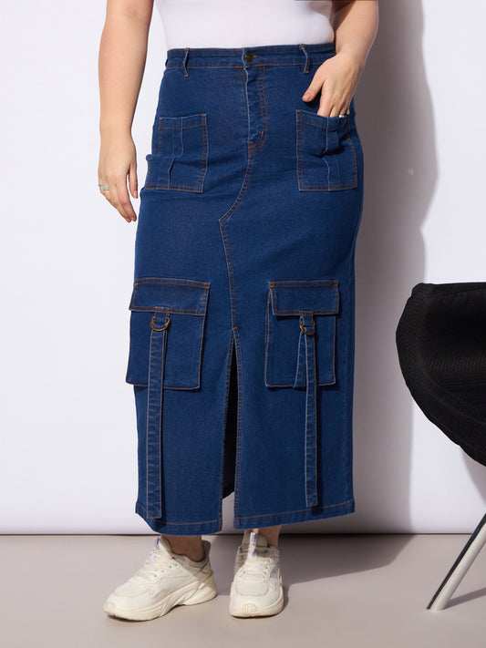 Women Navy Denim Multi Pocket Front Slit Skirt