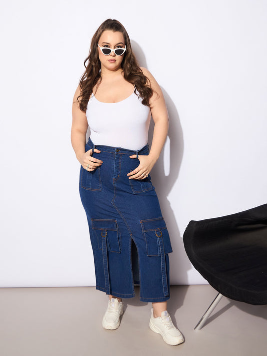Women Navy Denim Multi Pocket Front Slit Skirt