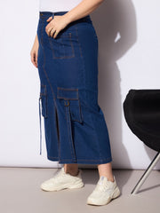Women Navy Denim Multi Pocket Front Slit Skirt
