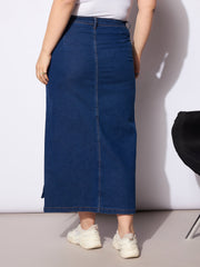 Women Navy Denim Multi Pocket Front Slit Skirt