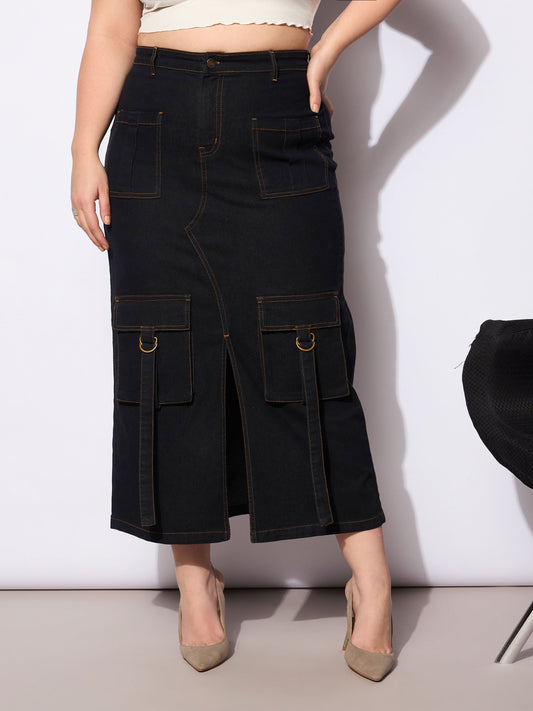 Women Black Denim Multi Pocket Front Slit Skirt