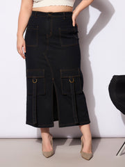 Women Black Denim Multi Pocket Front Slit Skirt