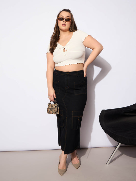 Women Black Denim Multi Pocket Front Slit Skirt
