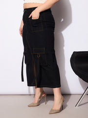 Women Black Denim Multi Pocket Front Slit Skirt