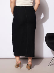 Women Black Denim Multi Pocket Front Slit Skirt