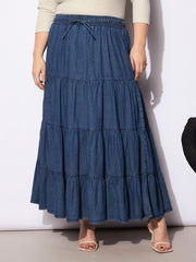 Women Navy Tencel Front Drawstring Tired Skirt