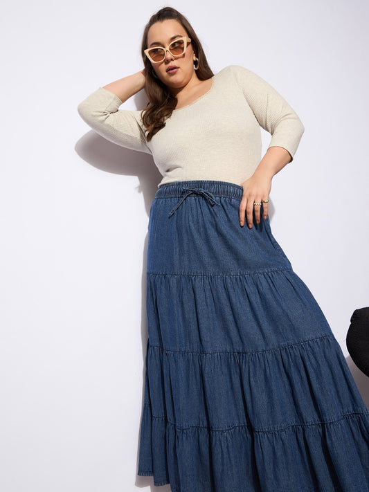 Women Navy Tencel Front Drawstring Tired Skirt