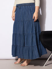 Women Navy Tencel Front Drawstring Tired Skirt