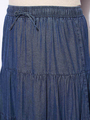 Women Navy Tencel Front Drawstring Tired Skirt