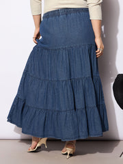 Women Navy Tencel Front Drawstring Tired Skirt