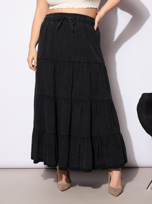 Women Black Tencel Front Drawstring Tired Skirt